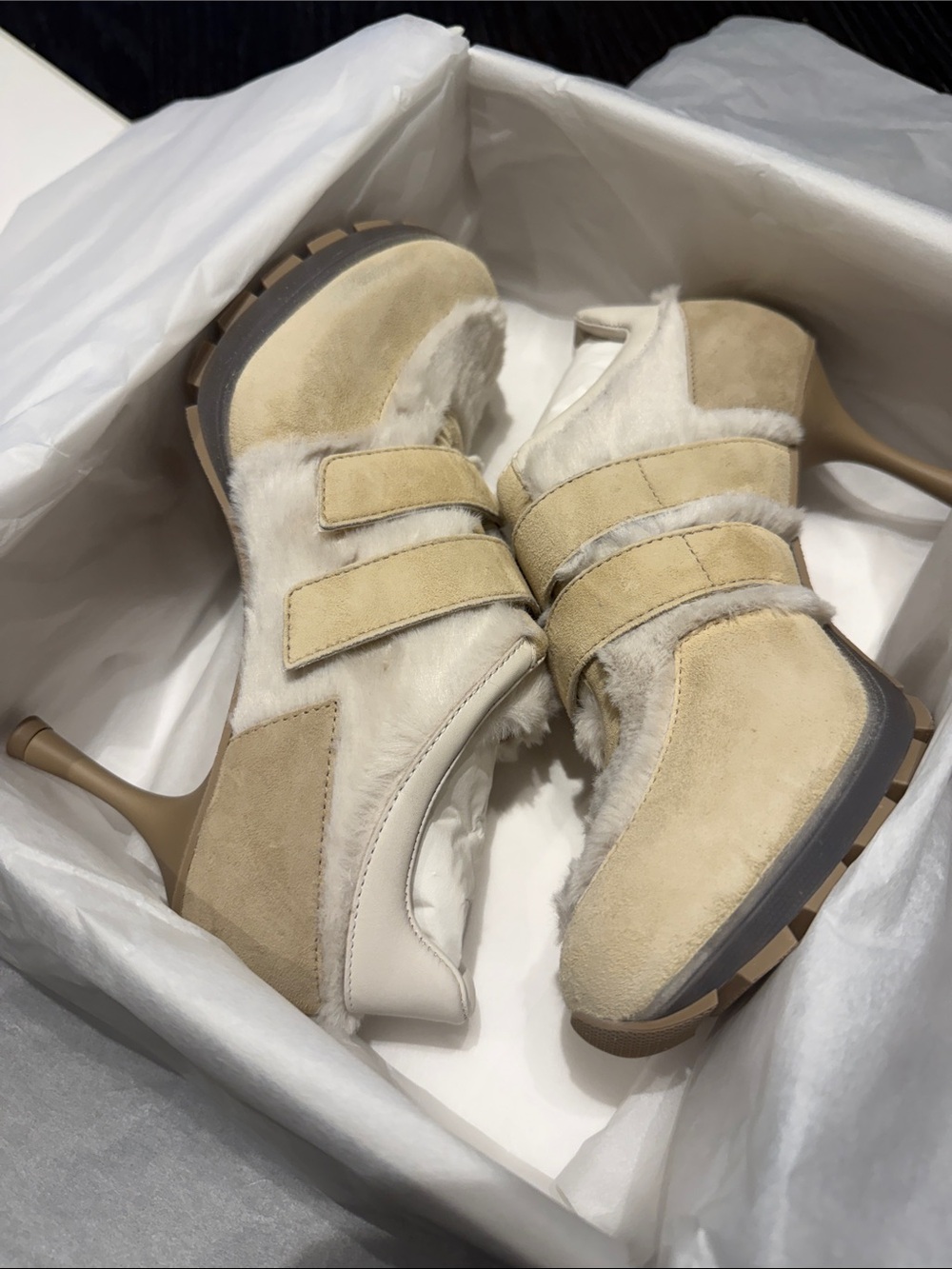 Sneex sneaker heels in two scrap ivory plush